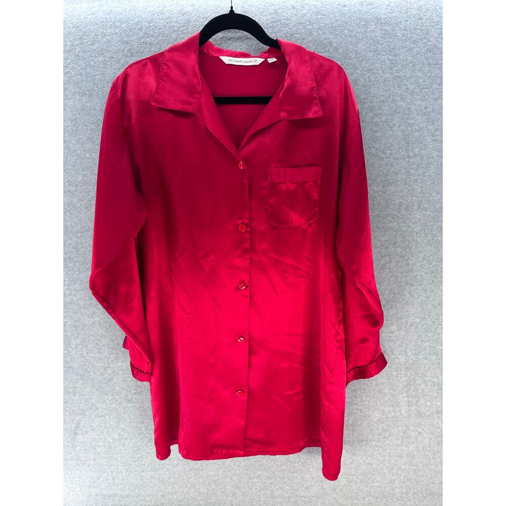 Victoria's Secret Women's sz M Red Button Down Satin Nightgown Sleep Shirt Pajma